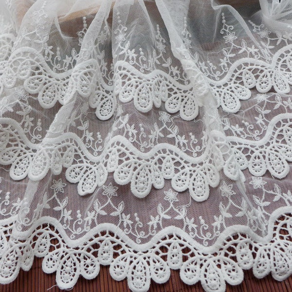 3 layers scalloped cotton lace in off white for weddings, skirts, cuffs, DIY crafts, home decor, by 1 yard