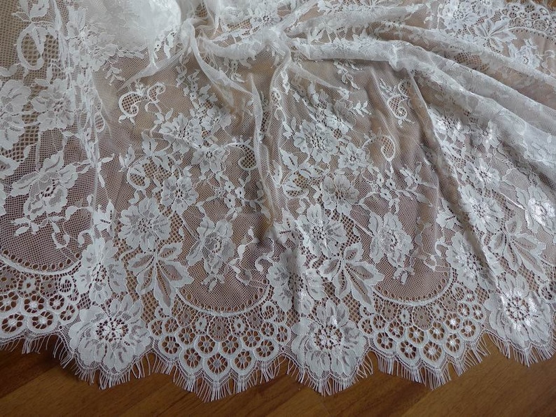 White chantilly lace bridal lace fabric eyelash lace | Etsy
