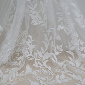 Pretty Leaf Embroidery Lace applique, Milk Silk mesh patch For Wedding gown, Bridal shower lace top, Fashion Show, 1 yard