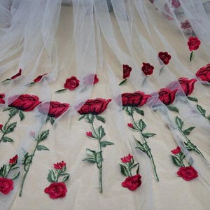 Red Rose Embroidery Applique fabric, Off White Tulle Symmetry Fabric For Summer Dress, Party dress, Wedding Flower girl dress, By 1 yard