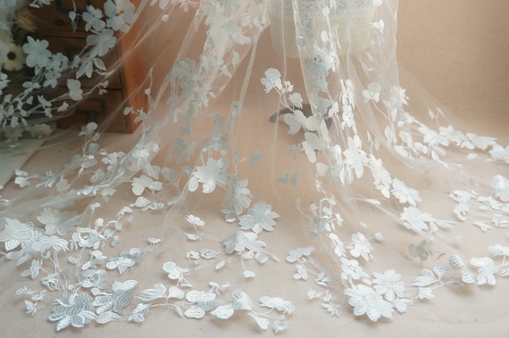 Delicate Embroidery Floral Lace Fabric in Off White , Soft sheer Tulle lace fabric For Wedding gown, Bridal Lace Fabric