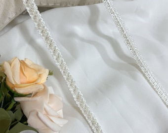 Beaded Trim, Ivory and Silver Beads, Bridal Trim, Wedding Applique, Pearl Beading Trim, 0.39&quot; (1 cm) width, By 1 yard