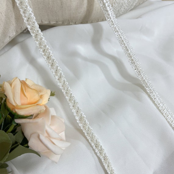 Beaded Trim, Ivory and Silver Beads, Bridal Trim, Wedding Applique, Pearl Beading Trim, 0.39" (1 cm) width, By 1 yard