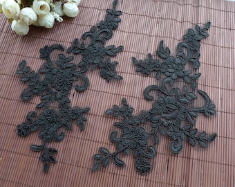 Black Floral Lace Applique Pair for Wedding Dress, Headbands, Jewelry or Costume Design