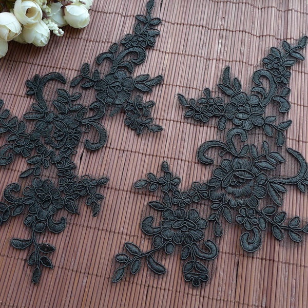 Mirrored Floral Corded Black Lace Applique Pair, edged with black cord,  for Wedding Dress, Headbands, Jewelry or Costume Design, by 1 pair