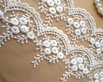Off White Embroidered Tulle Lace Trim for Bridal Accessories Altered Couture and Costume Design, by 2 Yards