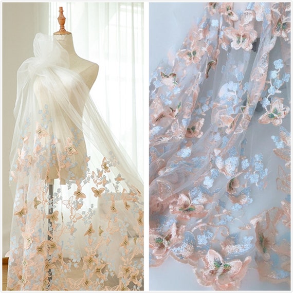 3D Butterfly Lace Fabric, Chic Embroidery Soft Tulle Fabric, Blossom Butterfly Applique fabric For Princess Gown, Bridal Dress, Prom, 1 Yard