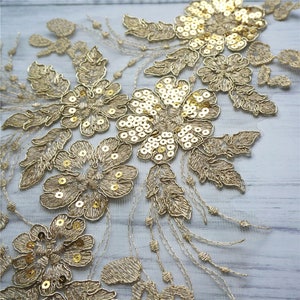 Sparkle Gold Sequins Alencon Cord Lace Applique, Mirror Pair Embroidery ...