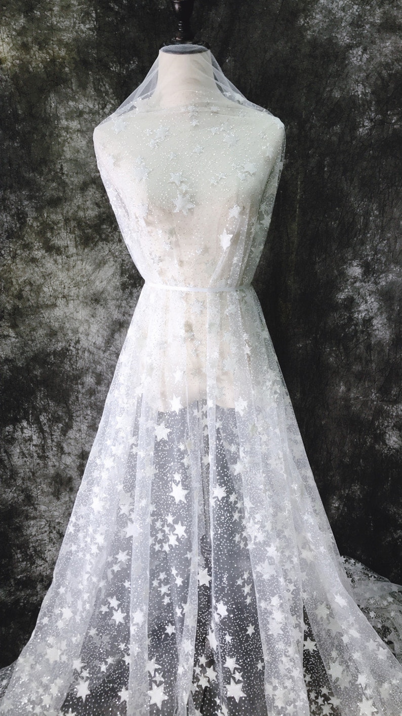 Preciosa tela de tul con estrellas brillantes, tela de estrellas plateadas para decoración de fiestas, vestidos de noche, vestidos de graduación, velos de novia y vestidos de novia, 1 yarda. imagen 3