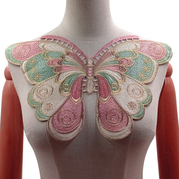 Venice Butterfly colorful Lace Applique, Vintage color Embroidery Sew on Bodice Applique For Jacket, Costume Back Design, 1 Pcs