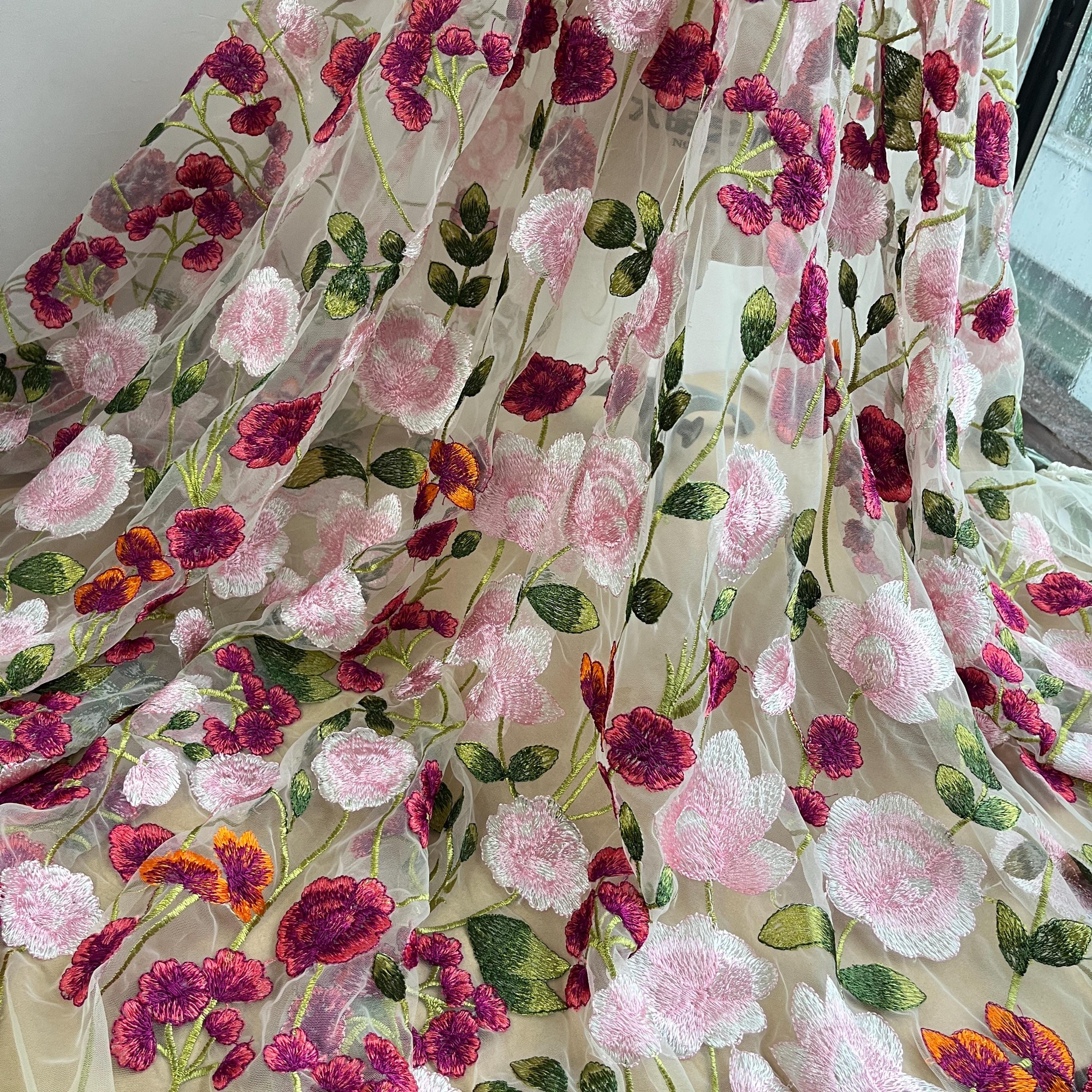 Multi-colors Garden Flowers Embroidery Wedding Ivory Tulle Lace