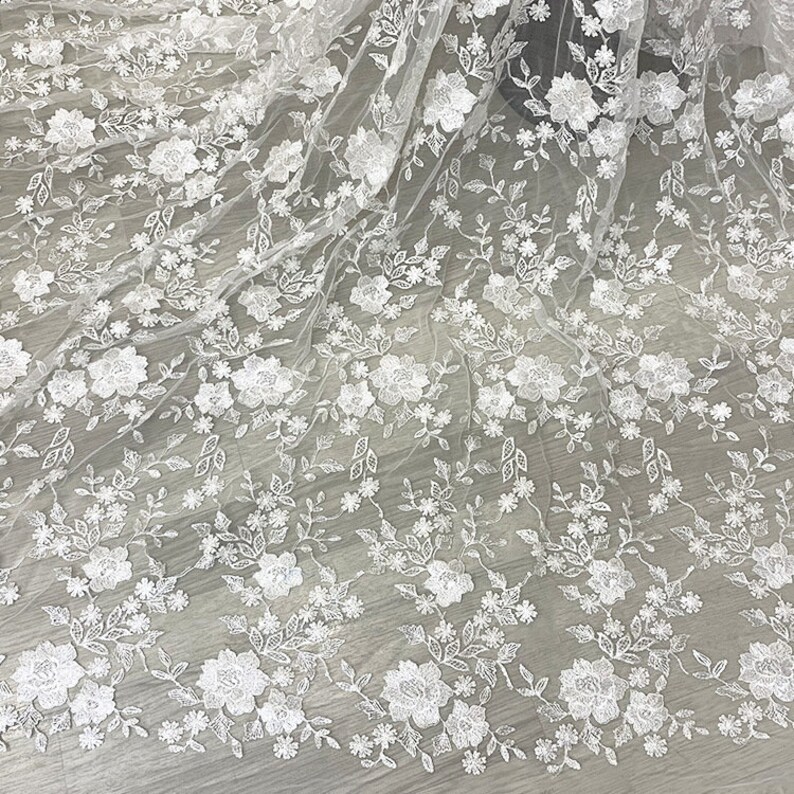 Embroidery Floral Applique Lace Fabric Clear Sequins Etsy