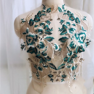 Gold Thread Embroidery Lace Applique, Grass Green Floral Lace Applique, Corset Top Applique, Evening Dress Applique, 1 Pair