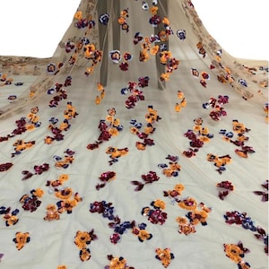 Multi-colors Embroidery Sequins Mesh Bridal Fabric, Vibrant Flowers Sequin Lace for Party Dress, Evening Gown, Full dress, 1 yard