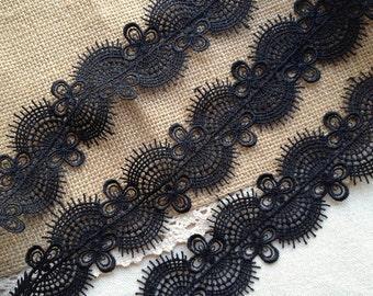 Black Venise Lace Trim Chic Scalloped Trim For Bridal, Dress, Sashes, Necklace, Altered Couture, by 2 Yards