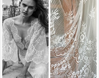 Tela Chantilly suave en blanco roto, encaje francés, ribete de tela de pestañas festoneadas para vestido de bautizo, encaje de lencería, vestido de bautismo