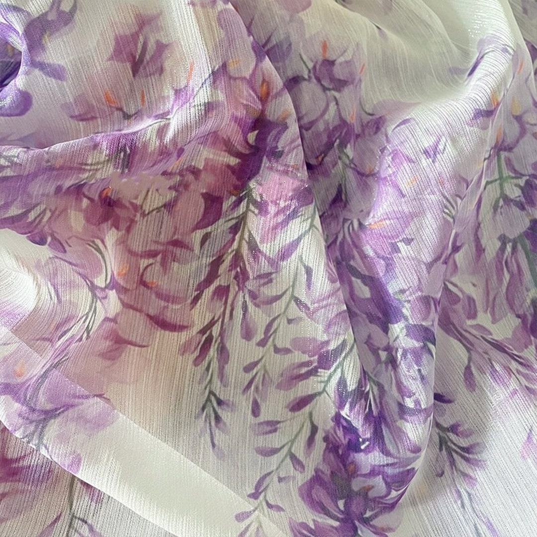 Print Wisteria Flower Chiffon Fabric, Shimmer Print Purple Flower