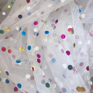 Rainbow Polka Dots Mesh Tulle Fabric, Colorful Dots Lace, Off white Tulle Fabric, Polka Dot Dresses Fabric for Baby Tutu, Bow tie, DIY craft