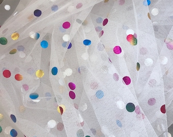 Rainbow Polka Dots Mesh Tulle Fabric, Colorful Dots Lace, Off white Tulle Fabric, Polka Dot Dresses Fabric for Baby Tutu, Bow tie, DIY craft