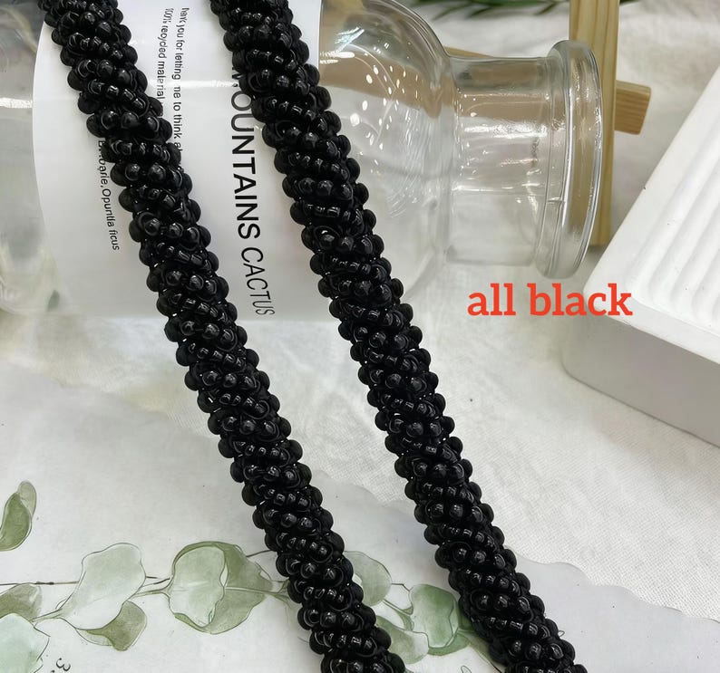 Beaded Trim, Ivory and Silver Beads, Bridal Trim, Wedding Applique, Pearl Beading Trim, 0.39" (1 cm) width, By 1 yard all black