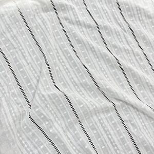 May include: White cotton fabric with a delicate embroidered pattern of small circles and lines. The fabric has a subtle sheen and a soft, drapey texture.