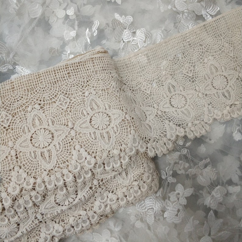 Beige Crocheted Scalloped Lace Ecru Cotton Lace Trim Retro Design Lace, By 1 Yard image 6