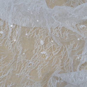 Puede incluir: Tela de encaje blanca con un delicado patrón floral y pequeñas lentejuelas.