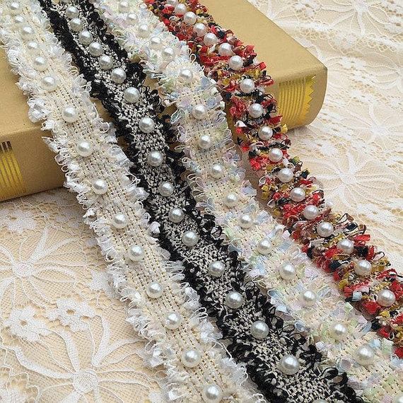 Chic Webbing Pearls Beaded lace trim, Royal Blue bead lace,  Cream wedding sash Belt, Millinery trim, Home Decor Trim, By 1 yard
