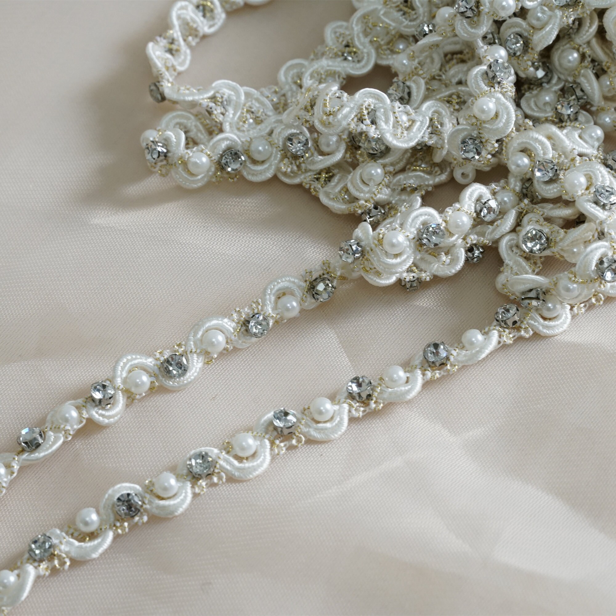 Narrow Beads Ribbon Trim, Ombre Rhinestones Beads Solid Lace for Bridal ...