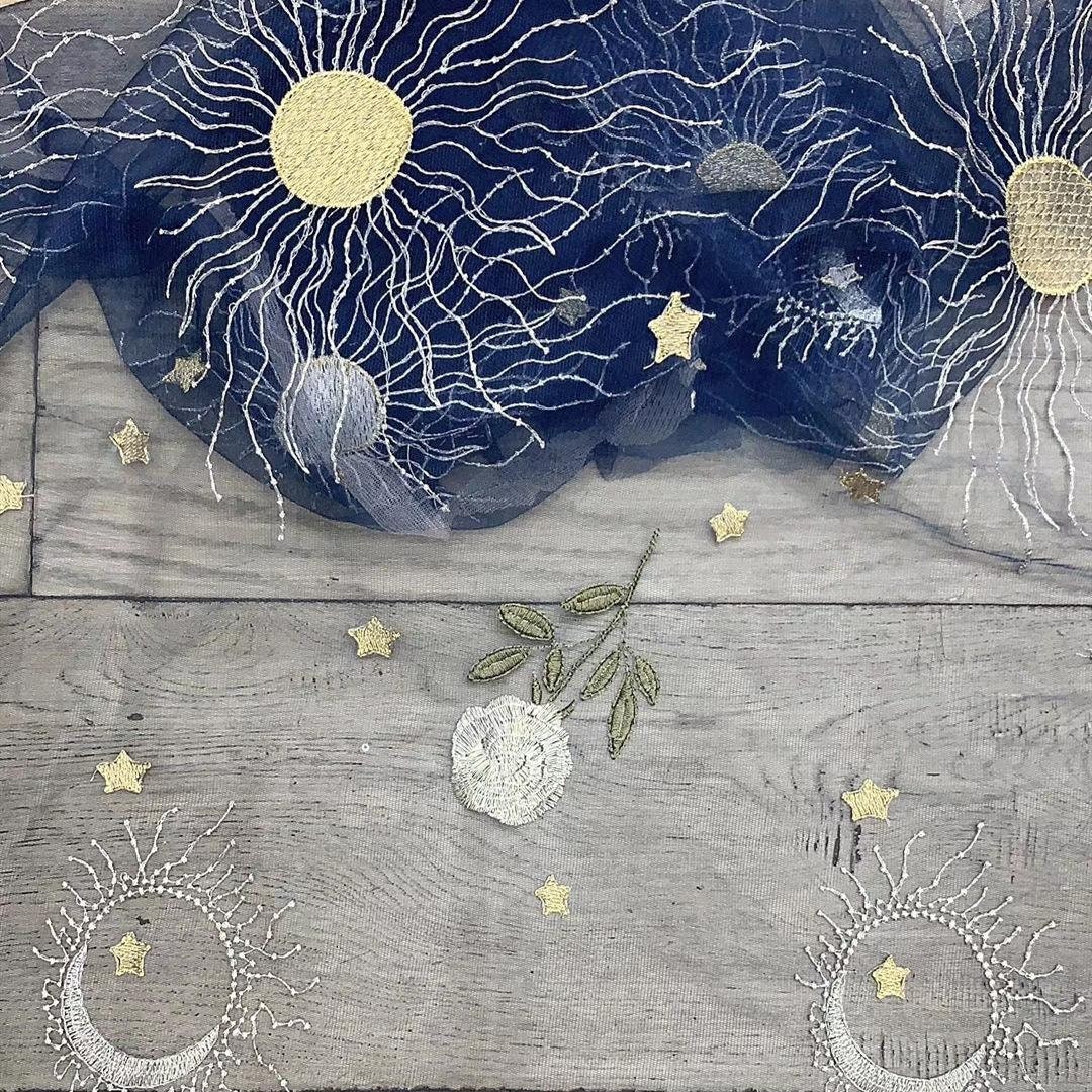Half Moon & Rose Floral Tulle Lace Fabric, Galaxy Stars Sun
