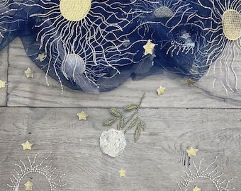 Half Moon & Rose Floral tulle lace fabric, Galaxy Stars Sun Embroidery lace fabric for Bridesmaid dress, Party Dress,  photography,By 1 yard