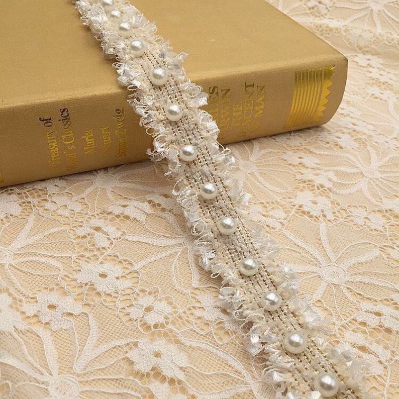 Chic Webbing Pärlor Pärlspetskant, Kungligt blå pärlspets, Krämfärgad bröllopsskärp Bälte, Millinery kant, Heminredningskant, 1 kubikmeter Cream