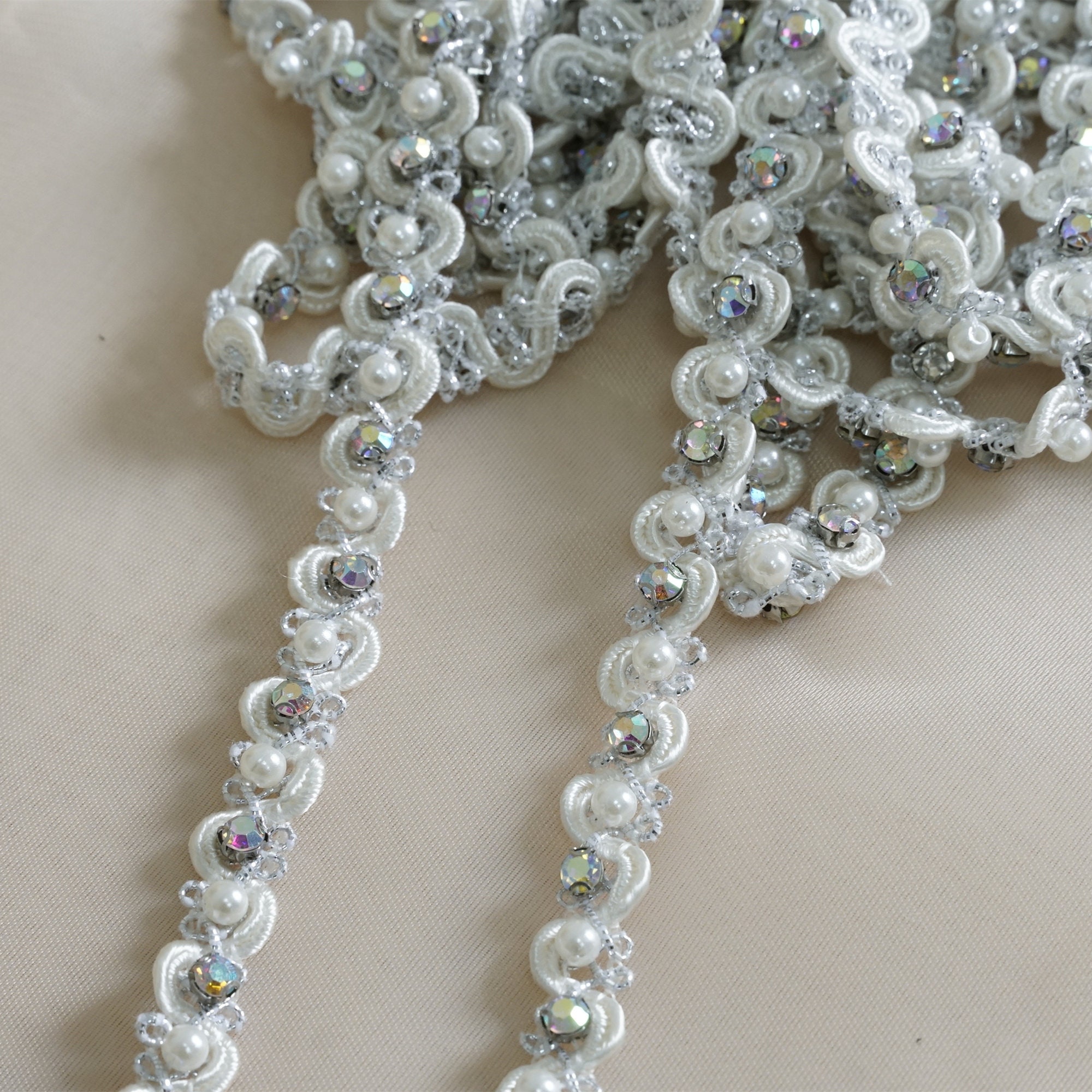 Narrow Beads Ribbon Trim, Ombre Rhinestones Beads Solid Lace for Bridal ...
