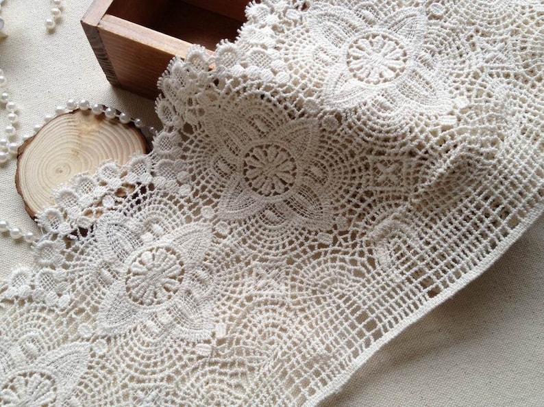 Beige Crocheted Scalloped Lace Ecru Cotton Lace Trim Retro Design Lace, By 1 Yard image 3