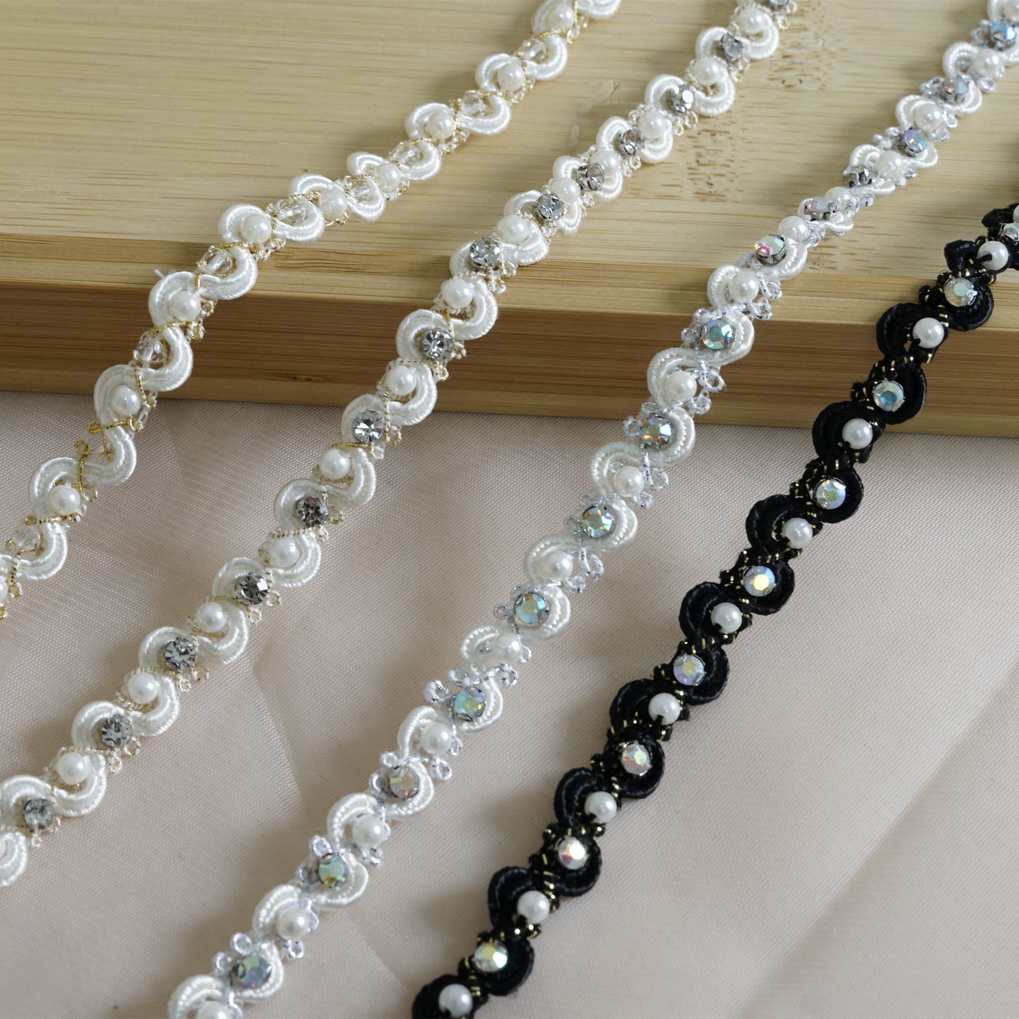 Narrow Beads Ribbon Trim, Ombre Rhinestones Beads Solid Lace for Bridal ...