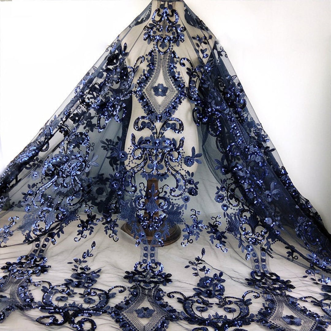 Navy Blue Sequins Beaded Lace Fabric, High End Embroidery Wedding Lace,  Retro Bridal Lace Fabric for Haute Couture, Wedding Gown, by Yard