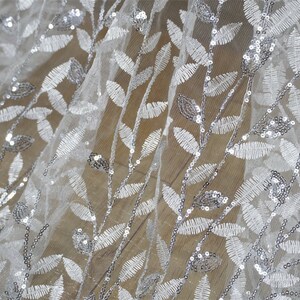 Silver Sequins Willow leaves tulle fabric in Off white, Embroidered Leaves Applique Lace Fabric for Bridal Gown, Evening Dress, 1 yard