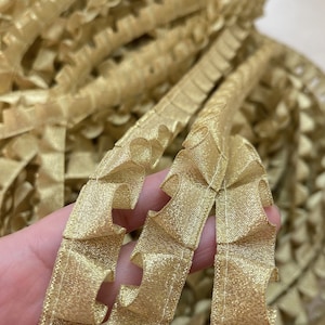 Gold narrow Ruffled Lace Ribbon Trim, Gold Edge pleated lace trim for Baby, BJD doll dress, Bakery, Costume, Socks edge, cuff, 3 yards