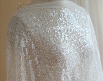 Premium Ivory Mesh Lace, Sparkle Sequined Overlay Gauze Lace, Netting Fabric For Bridal Gown, Dance Prom, Evening Dress