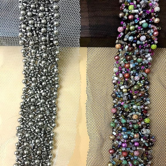 Gold Beaded Lace Trim, Navy Blue Bead Lace, Silver Beading  display picture 1