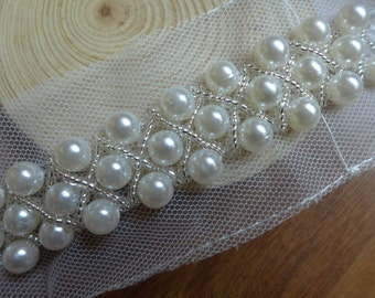 Beaded Trim, Ivory Pearl Beaded Lace, Beaded Bridal Sashes, Wedding Belt Supply, by 1 yard