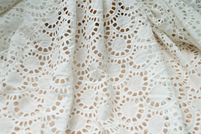 Scallop Pattern Pure cotton lace for Boho Dress Vintage Cotton Eyelet Flower Lace Fabric in Off white Girl Dress Tablecloth or Curtains