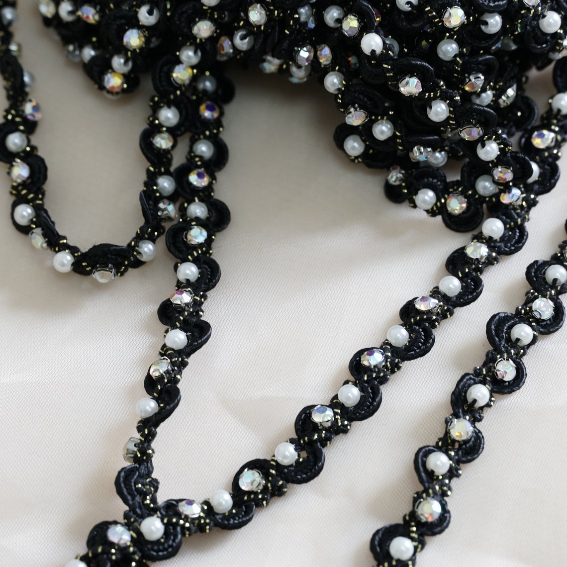Narrow Beads Ribbon Trim, Ombre Rhinestones Beads Solid Lace for Bridal ...