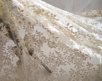 Champagne Leaf Lace Fabric, Off white Flower Trim, Gold Thread Embroidery Lace Fabric for Evening Dress, Costume design, By 1 Yard