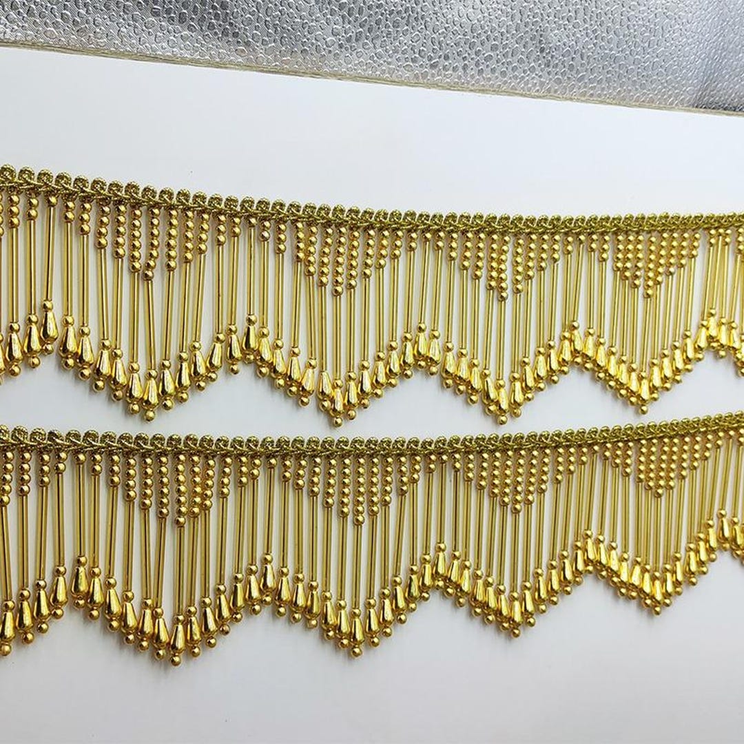 Long Frinege Beaded Tassel Trim, Gold Dangling Water-drop Trim for