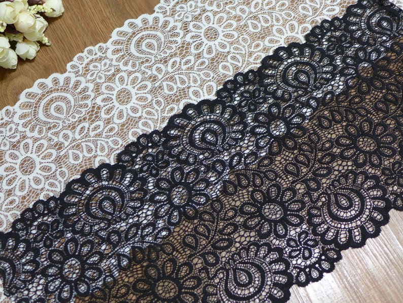 Stretch Lace Elastic Fabric Trim, Black Lace, Off white Stretch, Lace pour bandeaux, par 2 yards image 2