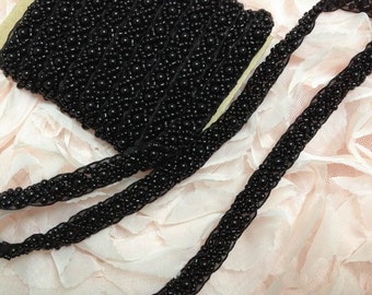 Pretty Black Beaded Trim with Black Ribbon for Bridal, Headband, Costume jewelry, By 1 Yard