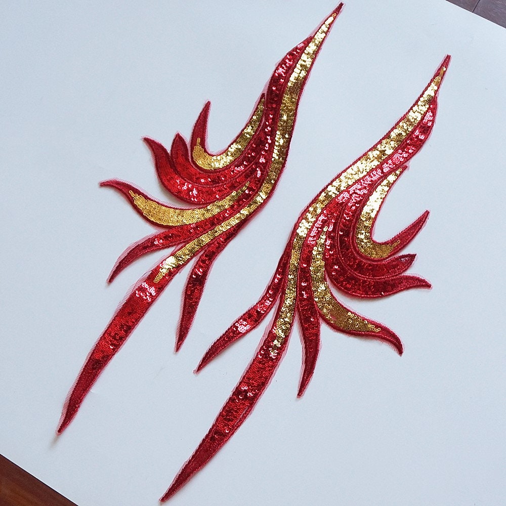 2 Toppe Lunghe Ricamate Con Paillettes Oro E Rosso, 50x14 Cm, Per Decorazioni Fai Da Te Su Abiti, Jeans E Accessori