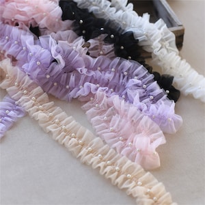 Fairy Pleated Beaded Lace Trim, Ruffled Mesh Lace Trim For Doll Dress, Lace Collar, Costume Design, DIY Crafts, Collar, Cuff, By 2 yards