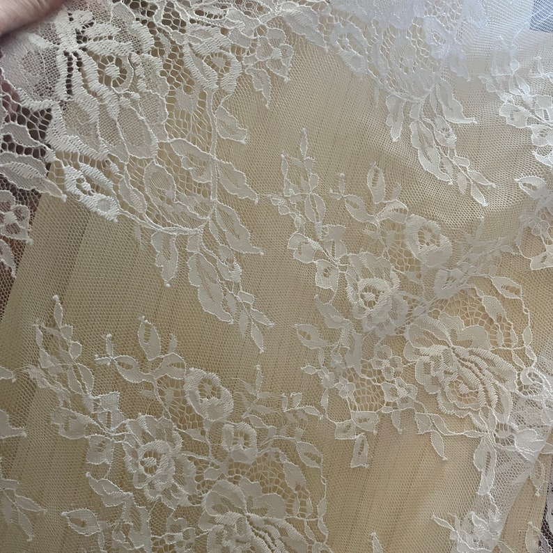 Soft Chantilly Eyelash rose floral lace Fabric In Off white / Black, Airy Flower LACE for Wedding bridal fabric, Boho Dress, by 1 yard image 5